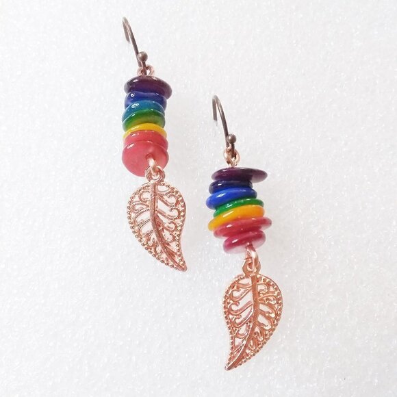 7 Chakras! Rainbow Colors! Copper Leaf Earrings! Meditation - Reiki - Picture 3 of 4